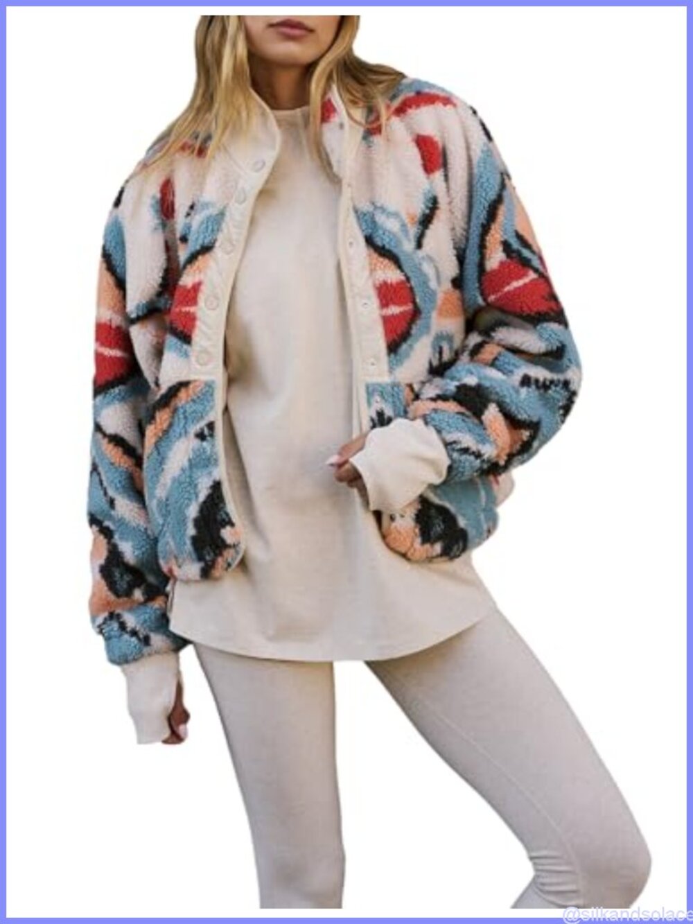 Women's Printed Sherpa Fleece Button Down Jacket Long Sleeve Fuzzy Coat with